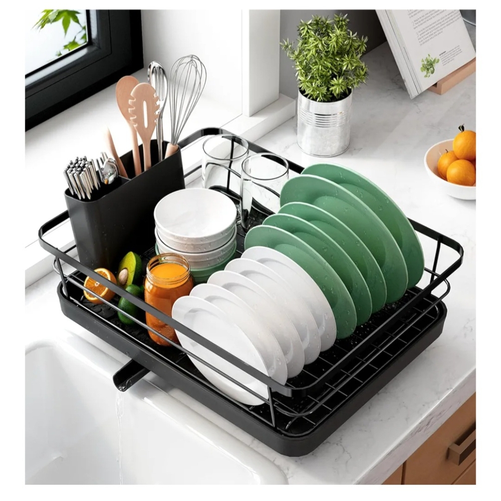 Black Dish Drying Rack with Green and White Plates